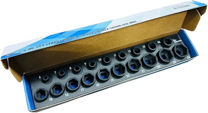 AIRBOSS SK-0015-S 3/8 Inch Drive Nano Stubby Impact Socket Set, 19-Piece Metric 6-24mm, 17mm Outside Hex, 0.88 Inch Low Profile, CR-MO Steel with Black Phosphate Finish