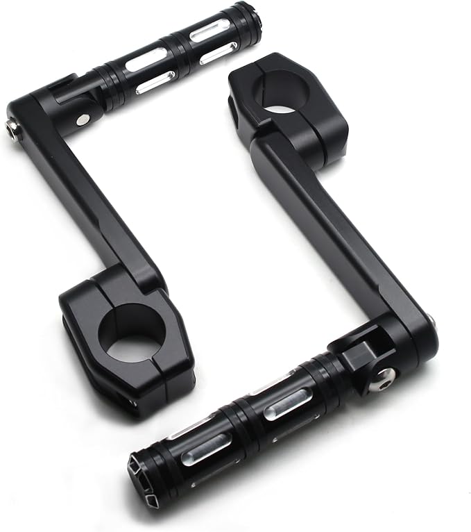 MZS Motorcycle Highway Pegs, 1.25" CNC Highway Foot Pegs Adjustable Long Angled Mount Clamps Compatible with Road King Sportster Softail Street Electra Glide Dyna Rebel Shadow for 1 1/4 Crash Bar