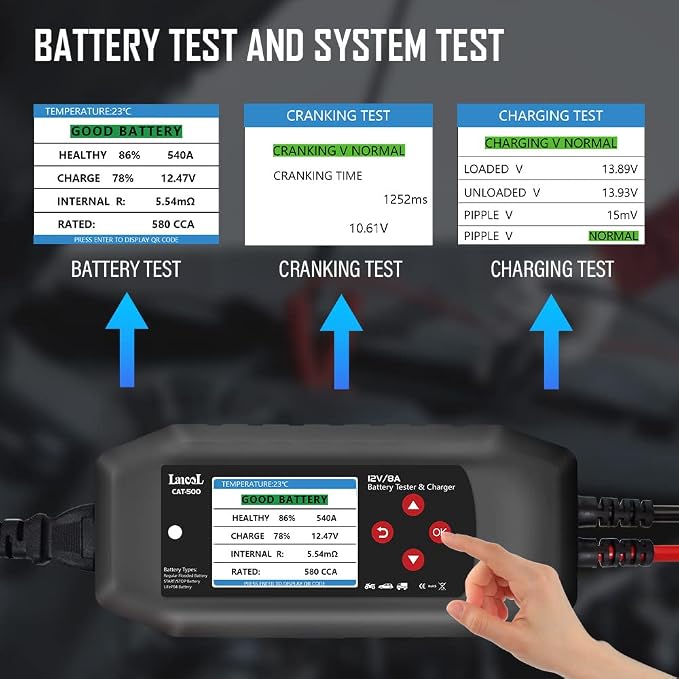 CAT-500 12V Car Battery Tester & Charger, 2-in-1 8-Step Smart Battery Charger with Cranking & Charging System Test, 100-3000 CCA Battery Load Tester