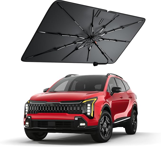 Windshield Sun Shade for Kia Sportage 2005–2026, Foldable Umbrella Sunshade with 100% UV Block, Multi-Layer Heat Insulation, Reinforced 10-Rib Frame, Keeps Car Cooler, Summer Car Accessory