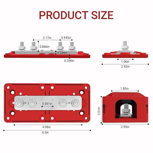 450A 48V DC Heavy Duty Bus Bar Kit, 2-Pack Positive & Negative Power Distribution Block with 5/16" (M8) Studs for Car RV Solar Panel Wiring Systems(Red 450A CXC01)