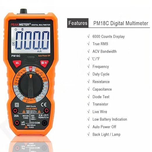 PM18C High Performance Digital Multimeter with AC/DC Voltage, Current Measurement Electrical Tester with 6000 Counts Orange Cover