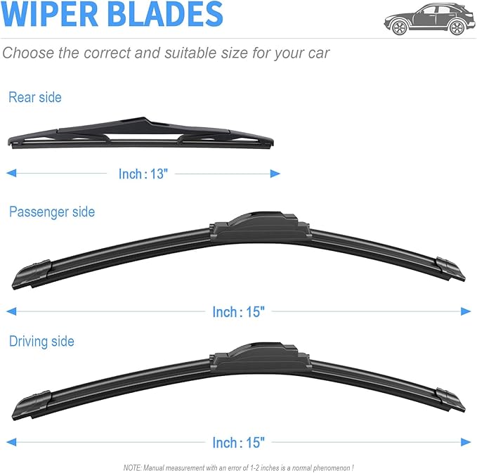Gavimnal® 15"+15"+13" Silicone Wiper Blades Replacement For Jeep Wrangler JK 2008-2018 Jeep Wrangler 2007-2017,All-Season Front Rear Windshield Wiper Blades(Set of 3)