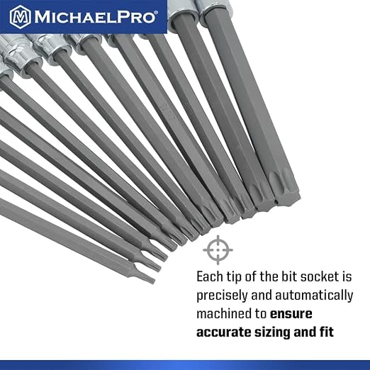 MichaelPro 12-Piece 3/8" Drive Long Torx Socket Set T10-T60 Bundle with 16-Piece Torx Bit Set T8-T10 with Rail Organizer