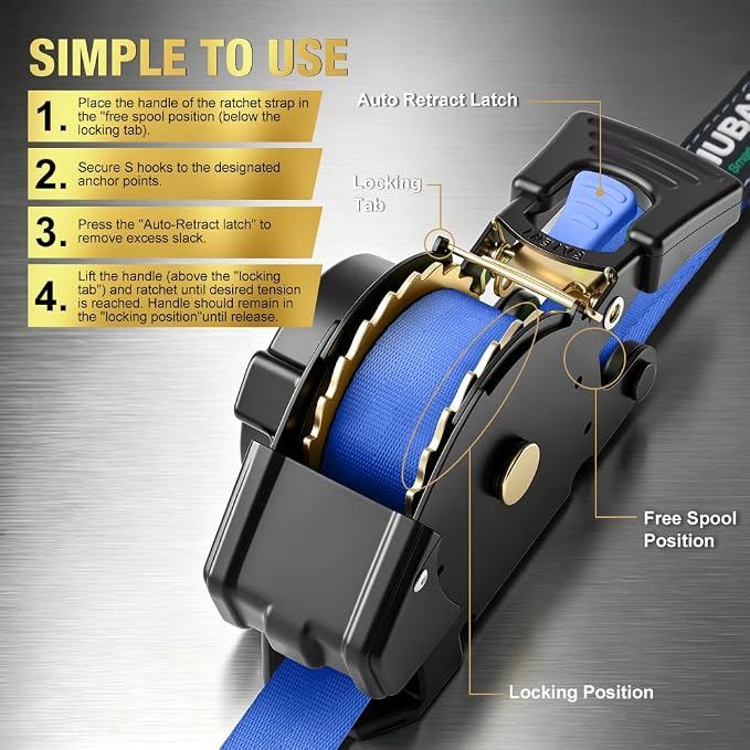 Retractable Ratchet Straps (4-Pack) - 1 Inch x 15 Feet (1,764lb Break Strength) - Auto Self Retracting Tie Down Straps Heavy Duty for Motorcycle, ATV, UTV, Truck, Cargo Trailer – Blue