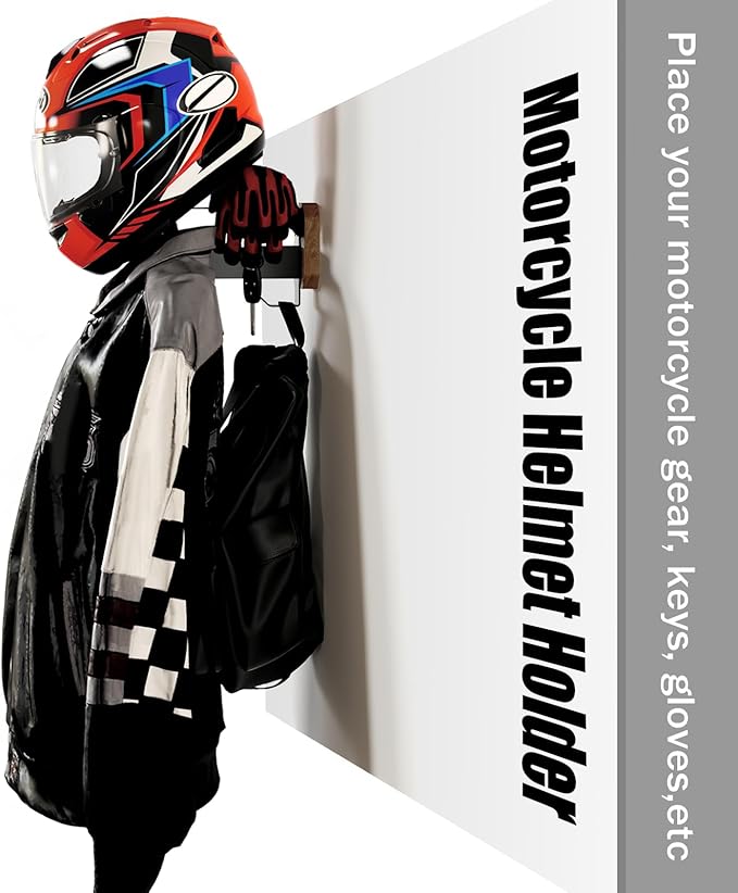 Motorcycle Helmet Holder - Wall Mount Rack, Solid Wood & Heavy Duty Steel, for Motorcycle/Football/Cycling/Skiing/Tactical Gear