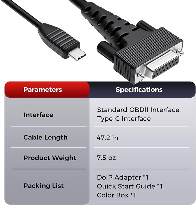 Launch DoIP Adapter Cable with USB-C and 16-Pin Male to DB-15 Female | Connector for Launch Creader Series CRP123X V3, CRP129X V3, CRP129X Plus V3, CRP919X Lite V2 - Faster 100 Mbps diagnosis