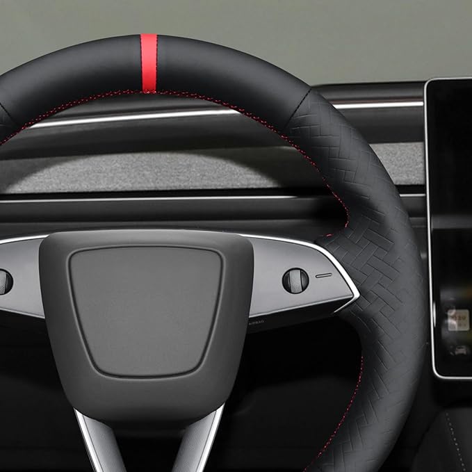 MEWANT DIY Black Solid Woven Embossed Faux Leather Steering Wheel Cover for Tesla Model3 Highland Model Y Juniper 2025