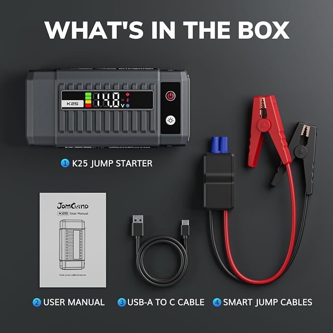 K25 Jump Starter 3750A Car Battery Booster Pack for Up to 9.0L Gas or 7.0L Diesel Engines, 12V Portable Jump Box with Extremely Safe Jumper Cable, USB/DC Charge and 3 Mode Flashlight
