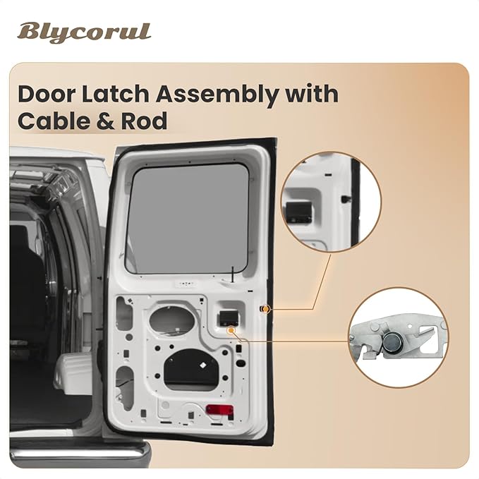 Rear Door Latch Assembly with Cable & Rod, Right Passenger Side for Ford 1992-2019 E150 E250 E350 Econoline Van, Cargo Door Lock Latch Connective Repair Replaces 6C2Z-15431A02-AA
