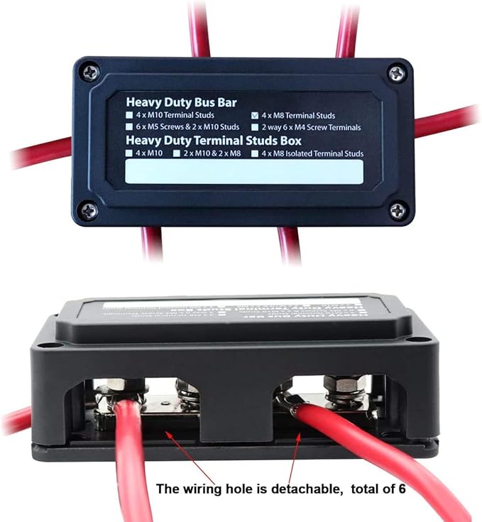 Busbar 12V-48V DC 300A Distribution Block, Heavy Duty Bus Bar with 4X 3/8"(M10) Posts Terminals Battery Junction Blocks 300 Amp for Car RV Solar PV System Truck Boat Marine, Red& Black 2 Pack