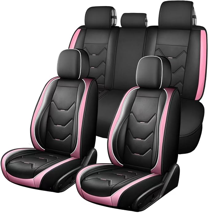 otoez Car Seat Covers Full Set, 5 Seat Pink Leather Seat Cover for Car, Waterproof Automotive Front and Back Seat Protectors for Most Sedens Trucks SUVs, Black & Pink