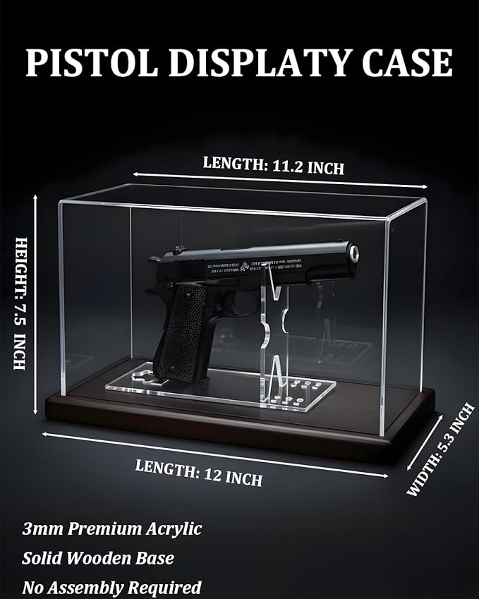 Premium Acrylic Pistol Display Case with Solid Wood Base & Clear Pistol Stand - UV Protection, Dustproof Gun Display Box for Collector Handguns, 1911, Glock and Memorabilia (11" x 4.2" x 6.7")