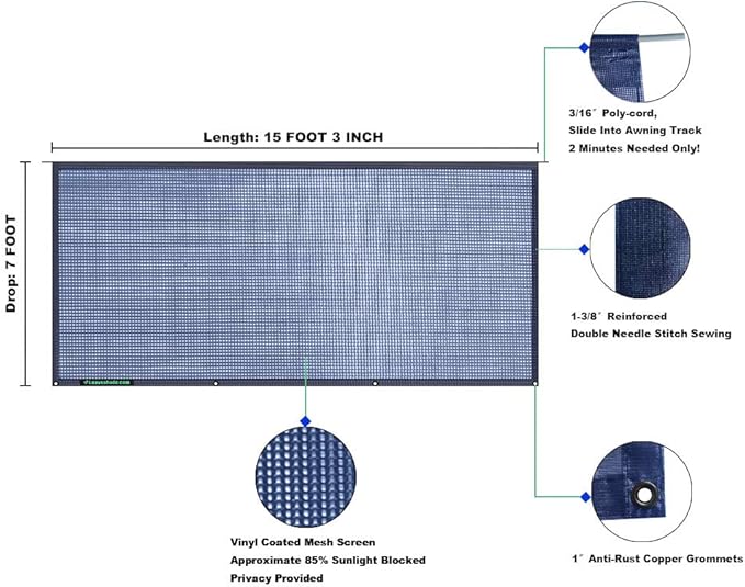 Leaveshade RV Awning Sun Shade Screen 7' X 15' 3'' (Fit for 16' Awning)- Mesh Sunshade for RV Awning Sunscreen Block UV Glare Motorhome Camper Trailer Awning Shadescreen - 3 Year Warranty (Navy Blue)