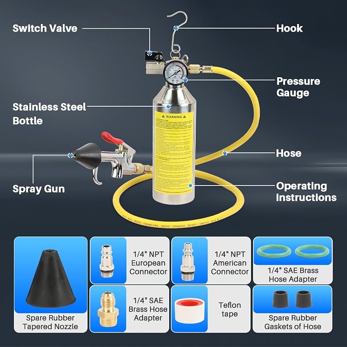 AC Flush Kit Home A/C Flush Tool Automotive A/C Flush Kit House AC Flushing Kit 1L Stainless Steel Bottle R134A R12 R22 R404 R410A Air Conditioner System Flush Canister Kit Clean Tool Set