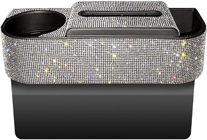 Auto Gap Filler Multifunctional Car Seat Organizer, Multi-Function Tissue Storage Box w/Cup Holder, Auto Console Side Storage Box, White Rhinestone - White