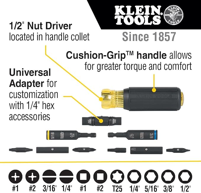 Klein Tools D2000-28 Pliers, Diagonal Cutting Pliers with Angled Head are Heavy-Duty to Cut ACSR & 32500HD Multi-Bit Screwdriver/Nut Driver, Impact Rated 11-in-1 Tool with Phillips