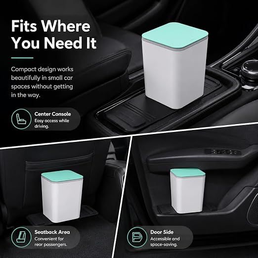 Mini Car Trash Can with Press Lid, Leakproof One-Piece Design, ABS Plastic Garbage Bin with Stainless Steel Spring for Auto Interior (White)