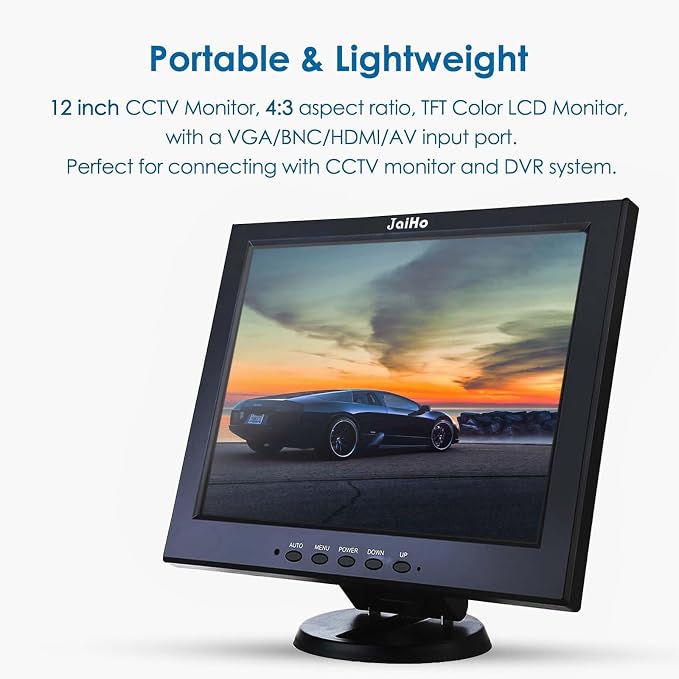 JaiHo 12-Inch 4:3 Security Monitor, 800x600 No Image Stretching CCTV Screen with Metal Housing, BNC HDMI VGA AV USB Input, Industrial Display with Built-in Speakers Remote Control & VESA Mount