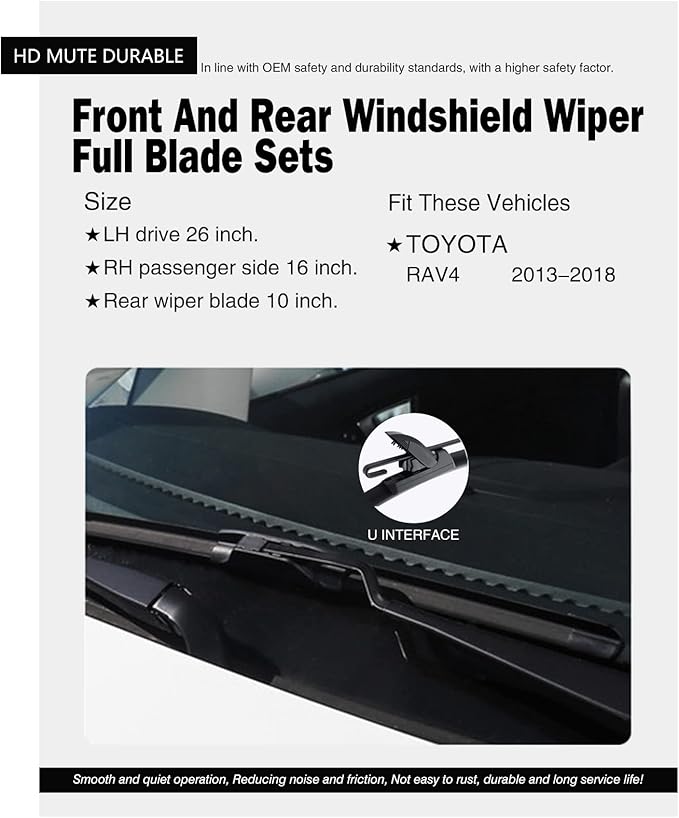 Replacement for Toyota RAV4 2013-2018 Silent Wipers -FAPIUO Front and Rear Windshield Wipers 26"/16"+10" Full Blade Set (3 Pack)