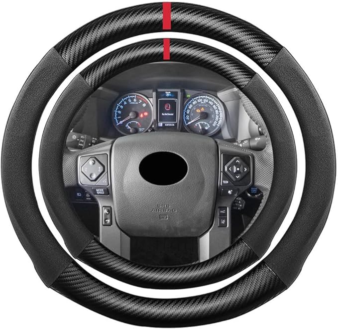Suede Carbon Fiber Steering Wheel Cover, Compatible with Toyota 4Runner Sequoia Tacoma Tundra Sienna 16 inch Soft Suede Touch Leather Sport Non-Slip Automotive Interior Accessories