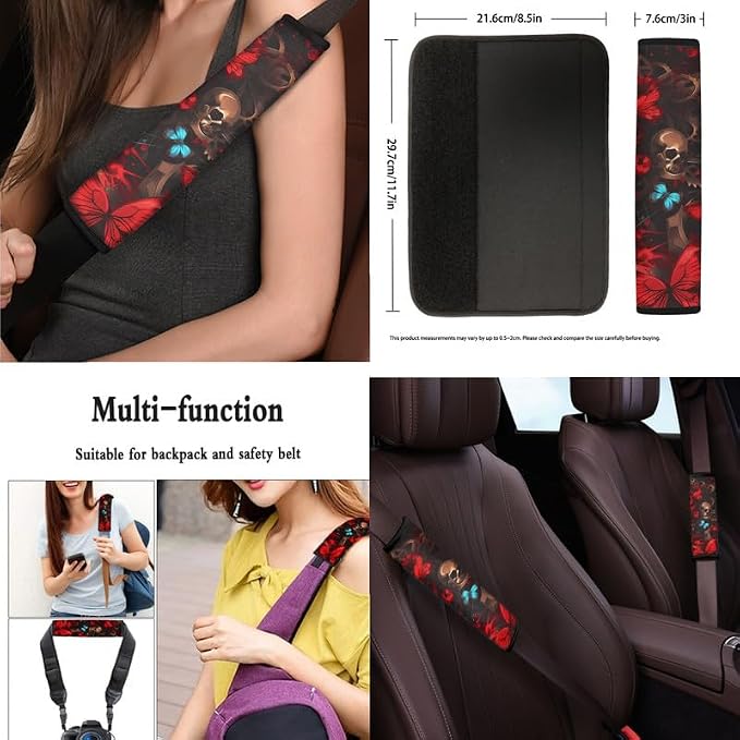Skull Butterfly Gothic Decor Car Seat Cover Full Set 13 Pcs Halloween Art Painting Front Back Seat Cover Steering Wheel Cover,Seatbelt Pad Keychain Coaster