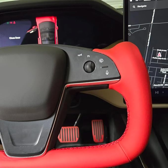 MEWANT DIY Red Smooth Artificial Leather Steering Wheel Cover for Tesla Model S Yoke 2021-2023 Model X 2021-2023