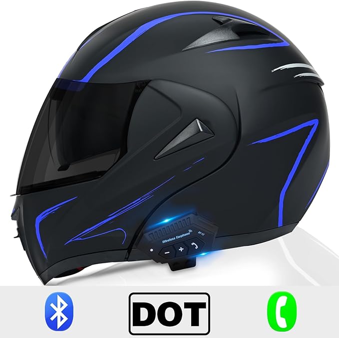 Motorcycle Bluetooth Modular Helmet, DOT Approved Dual Visor Full Face Flip Up Bluetooth Integrated Motorcycle Helmet for Adults Men and Women