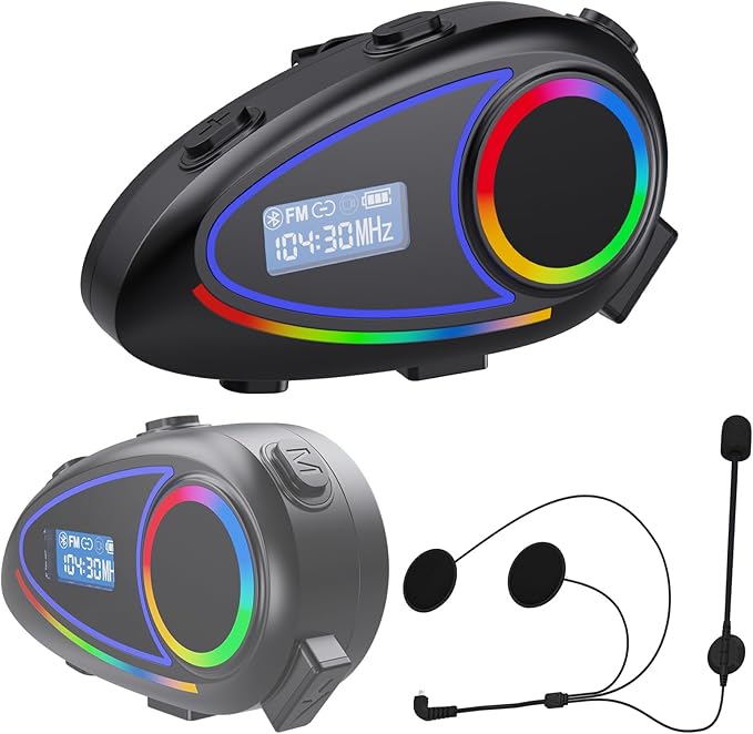 Motorcycle Wireless Helmet Intercom & Bluetooth Headset — 1600ft Motorcycle Helmet Communication System with 40-Hour Battery Life, Waterproof, FM Radio, Voice Assistant, and Ultra-Slim 1.2cm Speakers
