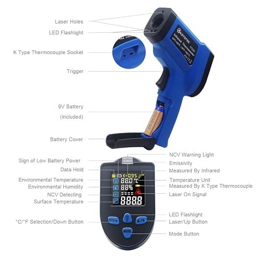 Ketotek Infrared Thermometer, Laser Temperature Gun Non Contact -58 to 1022°F with K Type Thermocouple Probe Humidity NCV Detector, Color LCD for Cooking Pizza Oven BBQ Freezer Industrial