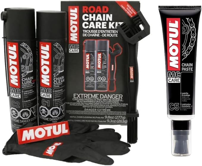 Motul Motorcycle Chain Care Bundle – C5 Chain Paste + C1 Chain Cleaner & C2 Chain Lube Kit w/Brush & Gloves Road Motorcycle Maintenance Kit