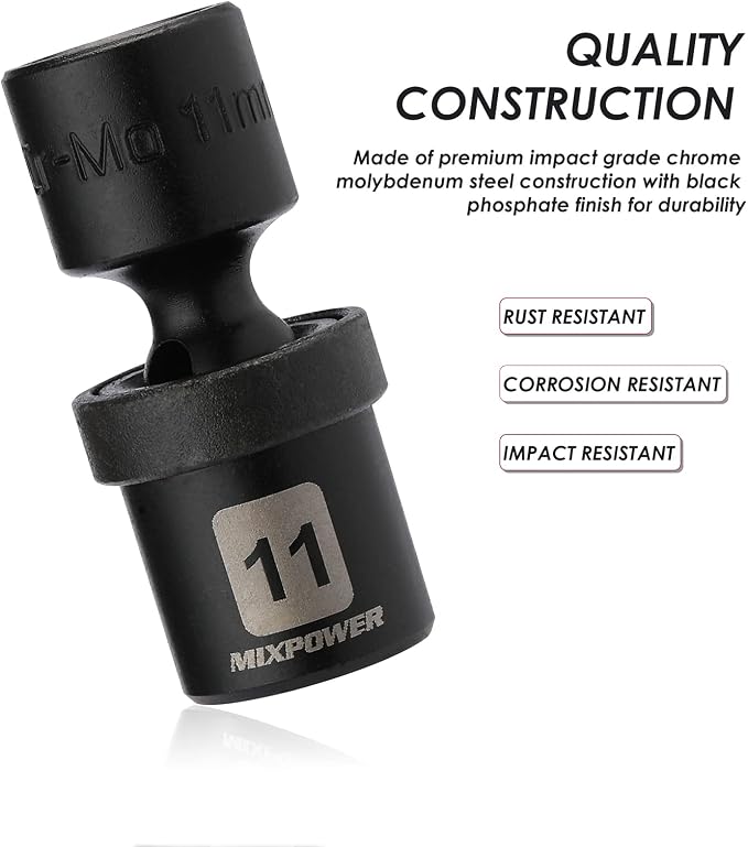 MIXPOWER 12 Pieces 1/4" Drive Metric Shallow Universal Impact Socket Set, CR-MO, Swivel Socket with Flexible Wobble, 5mm - 15mm