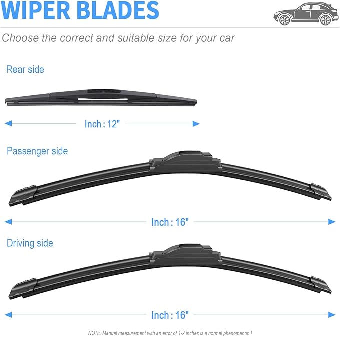 Gavimnal® 16"+16"+12" Silicone Wiper Blades Replacement For Jeep Wrangler 2018-2025,All-Season Front Rear Windshield Wiper Blades(Set of 3)