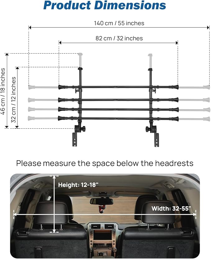 JOYTUTUS Adjustable Dog Car Barrier for SUVs,Vehicles, Trucks, Upgraded Universal-Fit Pet Divider Gate Carbon Steel Dog Barrier for Cargo Area 32" to 57" Width
