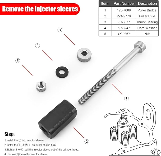 9U-7227 Injector Height Tool + 9U-6891 Injector Sleeve Remover Installer Set l+J-38587-a Engine Barring Socket Installer Tool Set Suitable For CAT Caterpillar 3406E C-15 C-16 Engines (8 PCS)