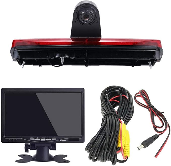 HD IP68 Auto Transporter Brake Light Roof Rear View Reversing Backup Camera Parking System with Angle Adjustable Compatible with Ford Transit Connect Van MPV SUV Bus (Camera+7''Monitor)