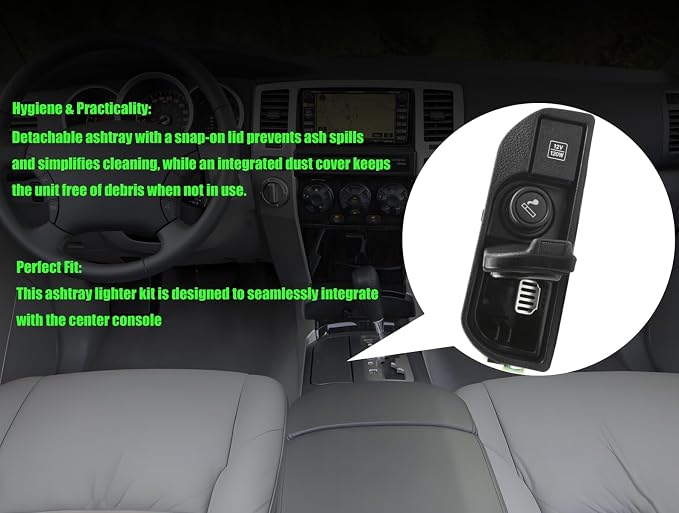 Ashtray and Cigarette Lighter Kit for Toyota 4Runner 2005-2009 Replacement 74110-35010-B0 120W 12V USB Car Charger High Efficiency Cigarette Lighter Removable Ashtray with Lid ABS Metal Construction