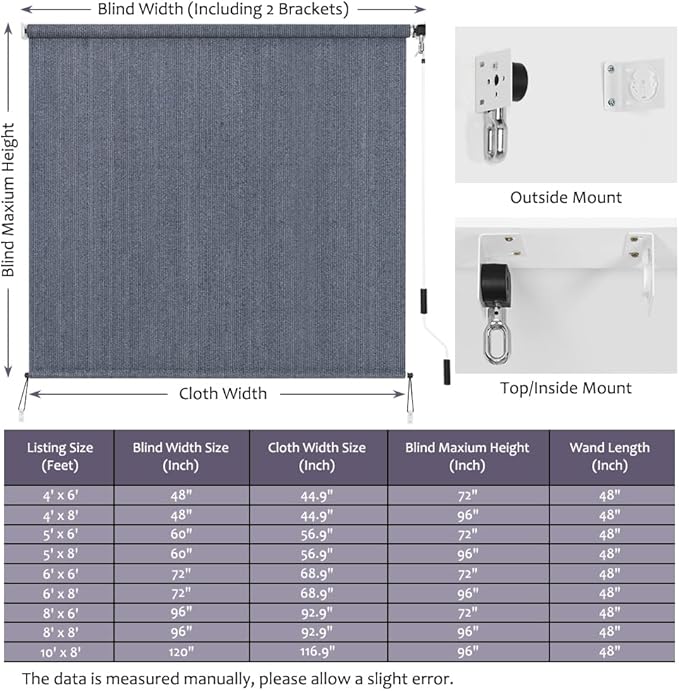 KELIXU Patio Shades Roll Up Outdoor Blind, 8' W x 8' H Cordless Sun Shade Privacy Screen with 90% UV Protection Exterior Roller Shade Cloth for Porch Pergola Backyard Windows Balcony, Blue-Gray