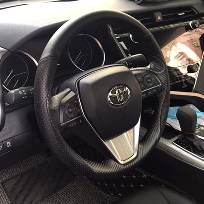 Matte Black Carbon Fiber & Nappa Leather Interior Accessories Steering Wheel Cover Hand-Stitch on Wrap Fit for Toyota RAV4 SUV 2019-2021 / Avalon 2019-2021 / Camry 2018-2021 / Corolla 2020-2021