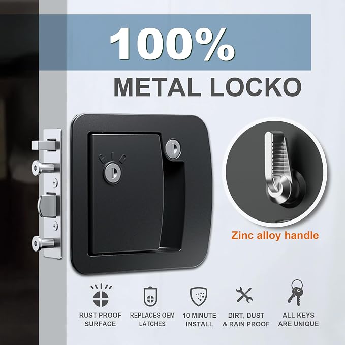 All-Metal RV Door Lock Replacement, Black Motorhome Door Latch Lock Fits 4.25" x 4.50" Opening for Class A and Class C RVs, Includes 4 Keys