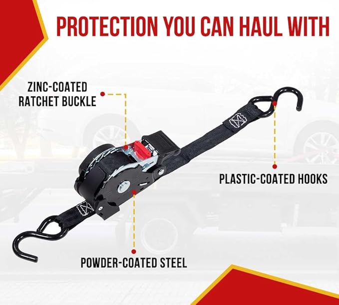 Mytee Products (2 Pack) Auto Retract NO-RATCHETING Ratchet Straps | 1" x 12' Retractable Ratchet Straps with Coated S Hook Tiedowns for Motorcycles, ATVs, Bikes: Tight & Secure Pickup Trailer Tie-Down