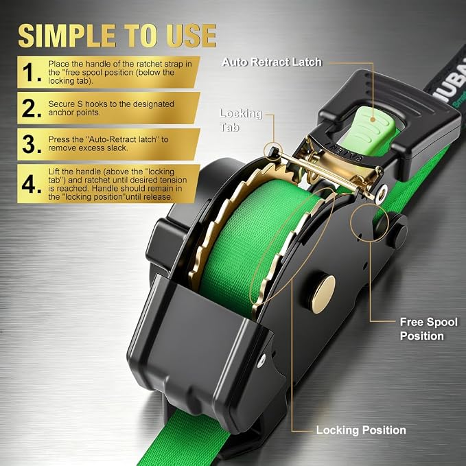 Retractable Ratchet Straps (4-Pack) - 1 Inch x 15 Feet (1,764lb Break Strength) - Auto Self Retracting Tie Down Straps Heavy Duty for Motorcycle, ATV, UTV, Truck, Cargo Trailer – Green