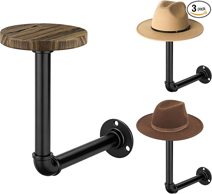 3PCS Metal Pipe Cowboy Hat Rack Wall Mount, Wooden Western Rustic Metal Hanger, Wall Mounted Helmet Holder for Multifunctional Display Hanger Stand for Cap Wig Hats, Fedora, Sun Hats