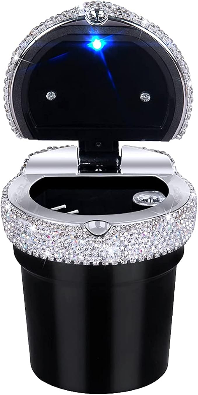 eing Car Ashtray Portable Bling Cigarette Smokeless Cylinder Cup Holder with Blue LED Light Indicator,Car Accessories for Women,Ideal for Car,Home and Office,1 - Pack Black+White