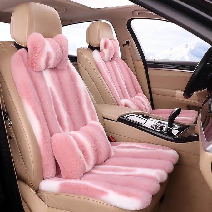 Faux Sheepskin Car Seat Cover Full Set, Fluffy Cute Pink Fur Car Seat Covers for Fuzzy Soft Auto Universal Plush Vehicle Seat Protector Pad Accessories Home and Office Chair
