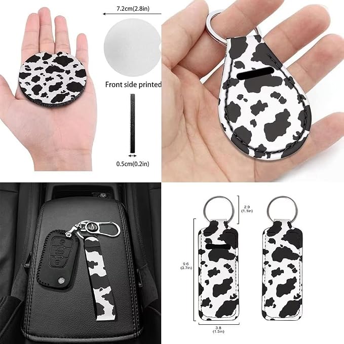 12 Pieces White Black Cow Print Car Accessories Car Seat Covers Full Set with Steering Wheel Covers,Seat Belt Pads,Key Ring,Cup Costers,Lipstick Holder Universal Fit for Truck Car