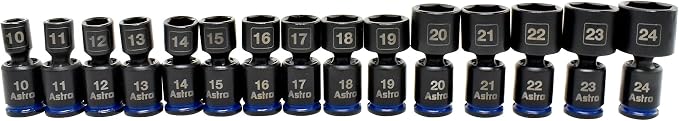 Astro Tools 78315 3/8" Drive 10-24mm Pinless Universal Impact Sockets - No Skips - 15 Piece