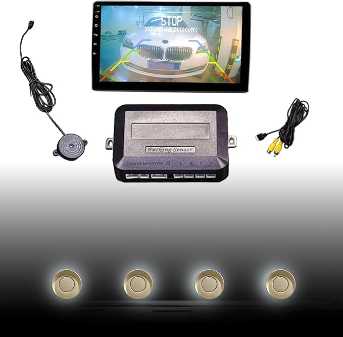 LCD Parking Sensor Kit - Displays Data on Original Screen, Easy Rear Installation, Compatible with All Camera Formats (AHD, CVBS), 18 Probe Colors to Match Any Vehicle ChampagneGold
