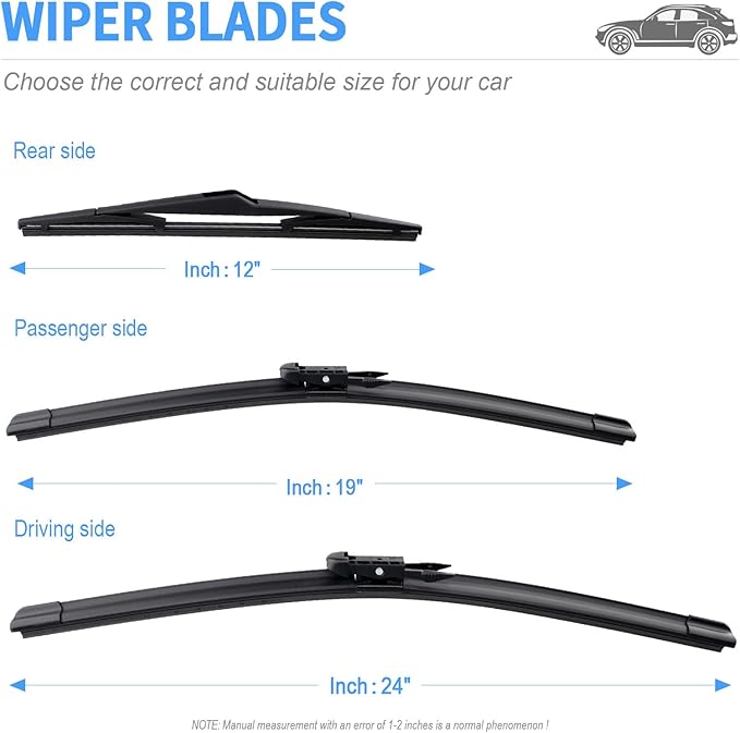 Gavimnal® 24"+19"+12" Silicone Wiper Blades Replacement For BMW X1 2012-2015,All-Season Front Rear Windshield Wiper Blades(Set of 3)