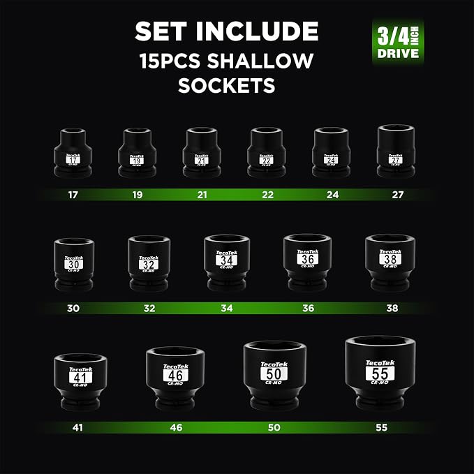 TecoTek 3/4" Drive Shallow 6-Point Impact Socket Set, 15-Piece Heavy Duty Impact Socket Set, CR-MO, Metric (17mm to 55mm), Enhanced Storage Case